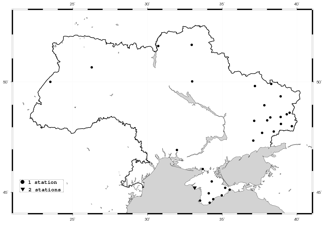 Рис. 1.2.4. Отключенные RTK-станции на территории Украины на 01.07.2015 г.