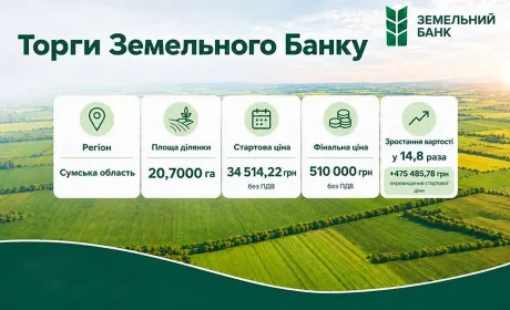 Ціна суборенди землі на торгах Державного земельного банку зросла у 14,8 раза