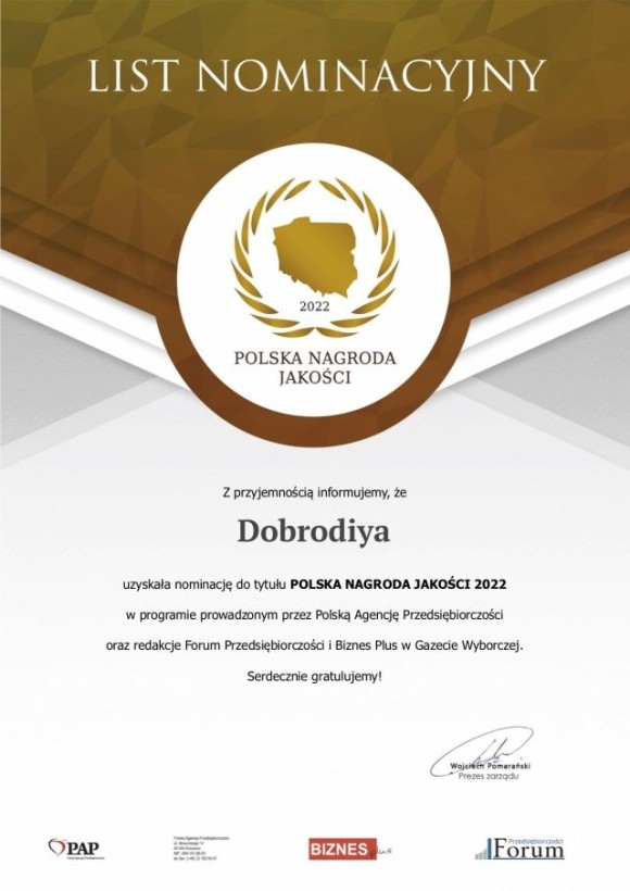 Польське представництво компанії «Добродія» номіновано на звання лауреату «Польської нагороди якості 2022» фото, ілюстрація
