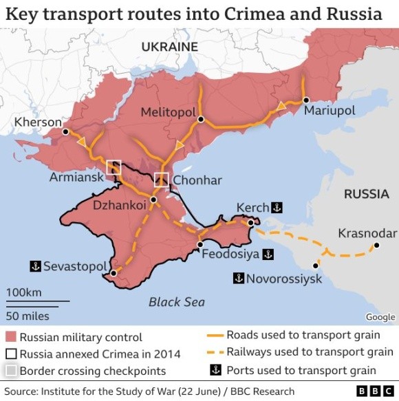 Відстежено, як і куди росія вивозить вкрадене з України зерно, — BBC фото, ілюстрація