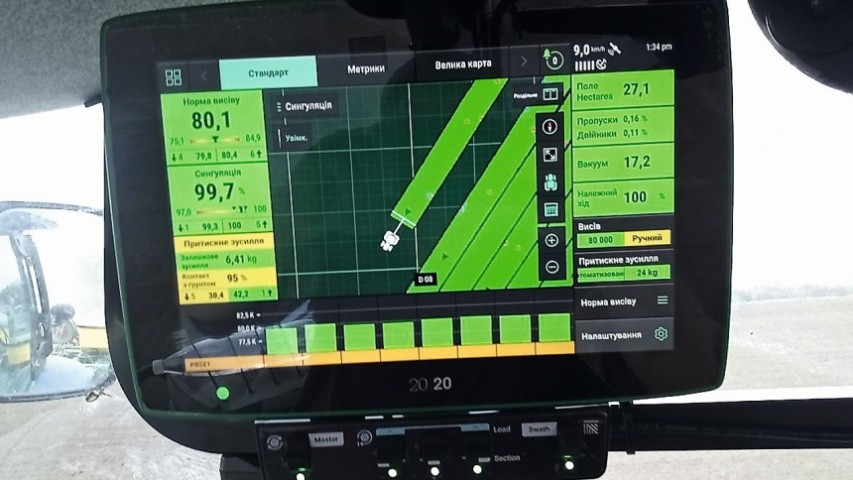Монітор Precision Planting для контролю  основних параметрів роботи сівалки у тому числі й притискного зусилля 