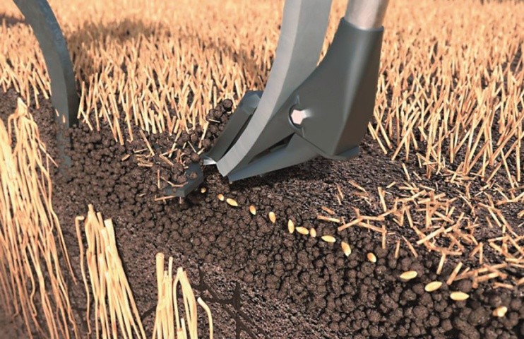 Кожний сошник для висівання насіння рухається чітко по сліду глибокорозпушувального долота, а насіння закладається з обох сторін цього дренажного каналу на твердий, але частково розпушений шар ґрунту