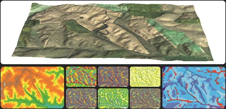 Фото 1. Тримірна візуалізація поля з цифровою моделлю рельєфу, її дериватами та предиктовою картою ґрунтового покриву. Зображення: EOS Data Analytucs