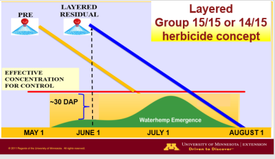 Схема повторного внесения в почву гербицидов (до всходов и после) с целью контроля щирицы на сое в течение всего сезона