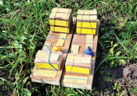 Виз­на­чен­ня сту­пе­ня по­крит­тя за до­по­мо­гою во­до­чут­ли­во­го па­пе­ру: Бру­сок 1 — якість по­крит­тя ро­бо­чим роз­чи­ном після калібру­ван­ня об­при­с­ку­ва­ча. Бру­сок 2 — якість по­крит­тя ро­бо­чим роз­чи­ном до калібру­ван­ня об­при­с­ку­ва­ча.
