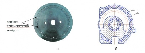 Еле­мен­ти до­опра­цю­вань висівно­го апа­ра­ту СУПН-8: а — висівний диск із до­дат­ко­вою доріжкою при­смок­ту­валь­них от­ворів; б — ущільню­валь­на про­клад­ка но­вої внутрішньої конфігу­рації з точ­ка­ми твер­до­го ма­с­ти­ла 