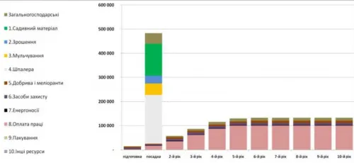 Структура виробничих витрат на закладку інтенсивного агрусового ягідника