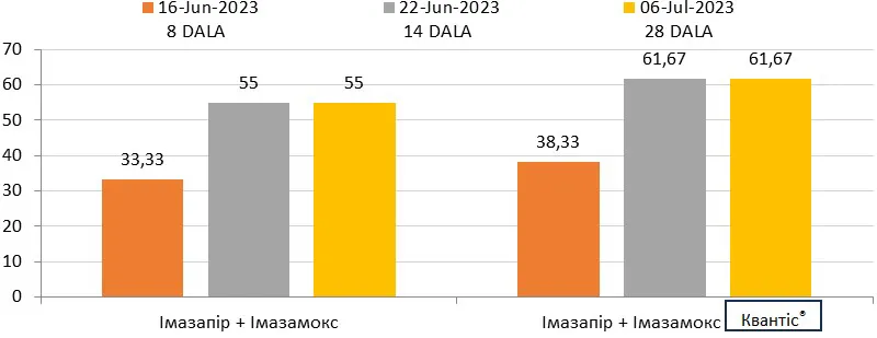 Рис. 6. Ефективність варіантів досліду проти плоскухи звичайної, % Рис. 6. Ефективність варіантів досліду проти плоскухи звичайної, %